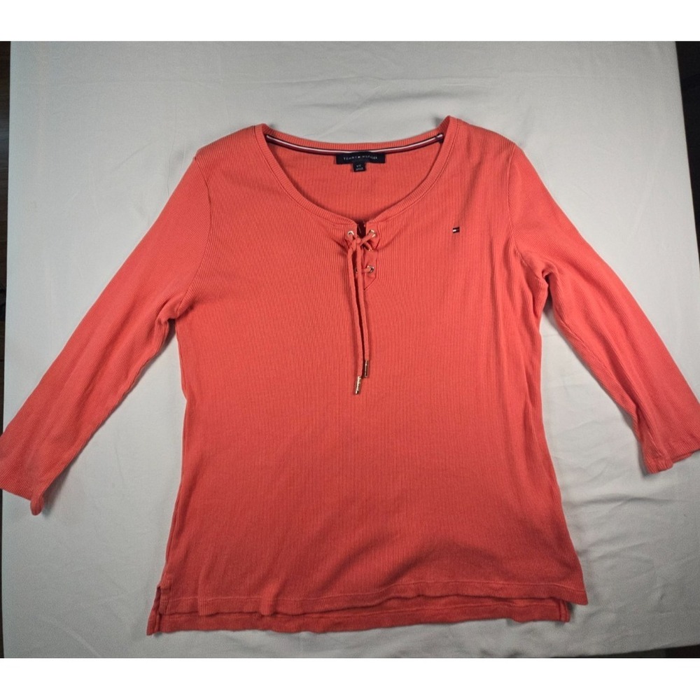 Tommy Hilfiger Global Lace Up Ribbed Henley Top Sz L Coral 3/4 Sleeve - Picture 5 of 14